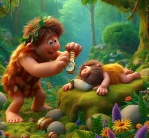 Caveman steals a watch from another caveman lying dead in the forest.